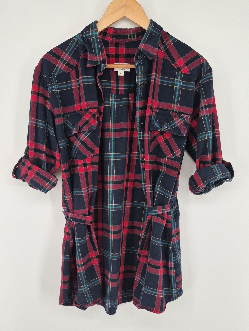 Matchstick Flannel Shirt Womens Large Red Plaid Long Sleeve Button Up Roll Cuff